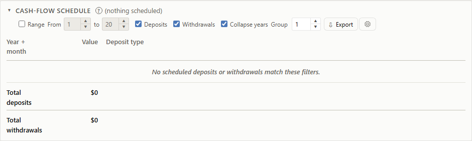 Empty extra-cash-flow schedule with range and event filters, grouping, export, and column-customization controls.